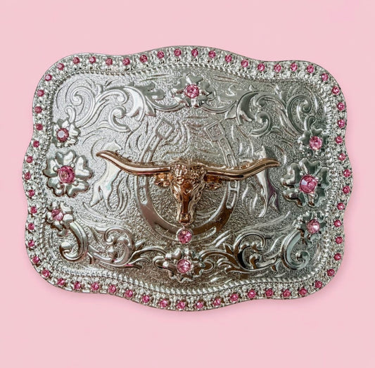 Western Longhorn Steer Pink Belt Buckle