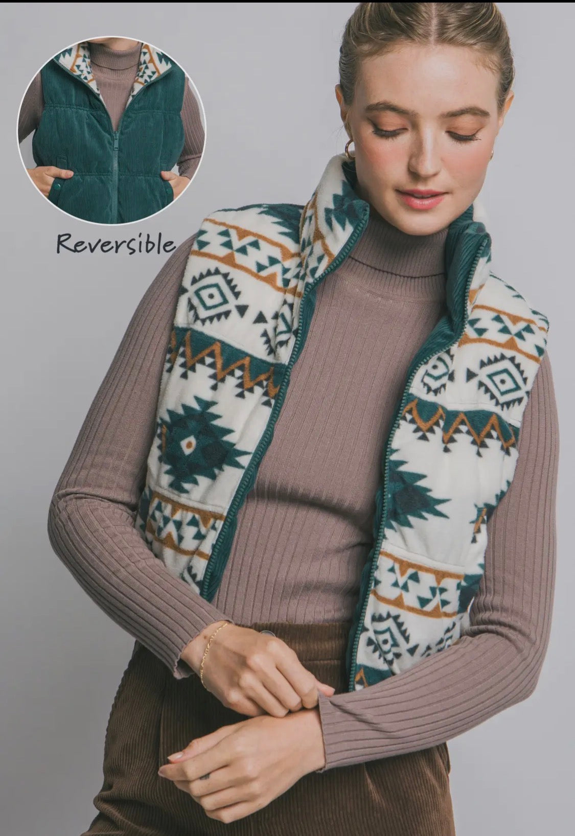 Reversible Aztec Corduroy Western Puffer Vest