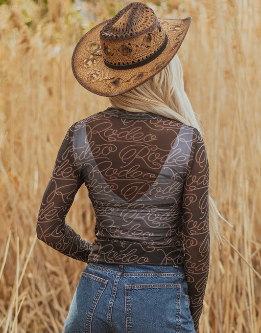 Western Rodeo Long Sleeve Mesh Top-Black