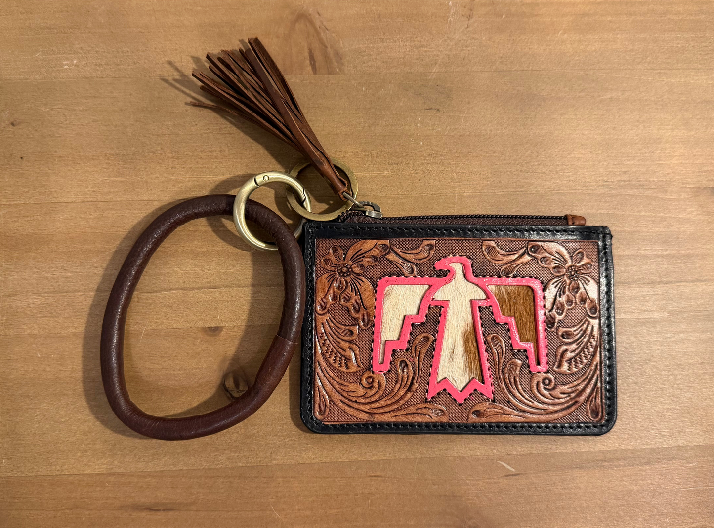 Pink Thunderbird Tooled &
Cowhide Wristlet