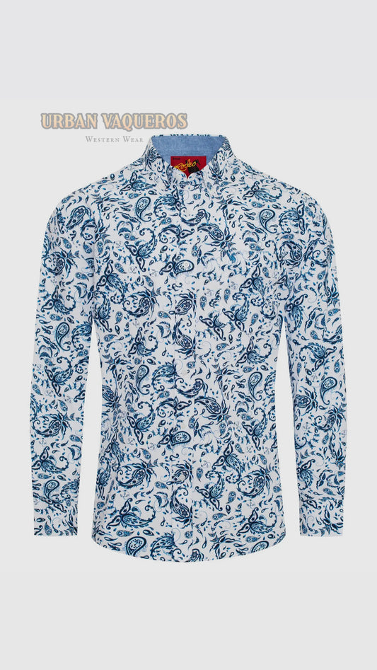 Men’s Western Paisley Button Down Shirt-Blue