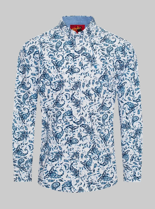 Men’s Western Paisley Button Down Shirt-Blue