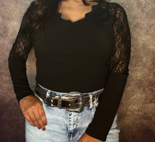 Long Sleeve Lace Top-Black
