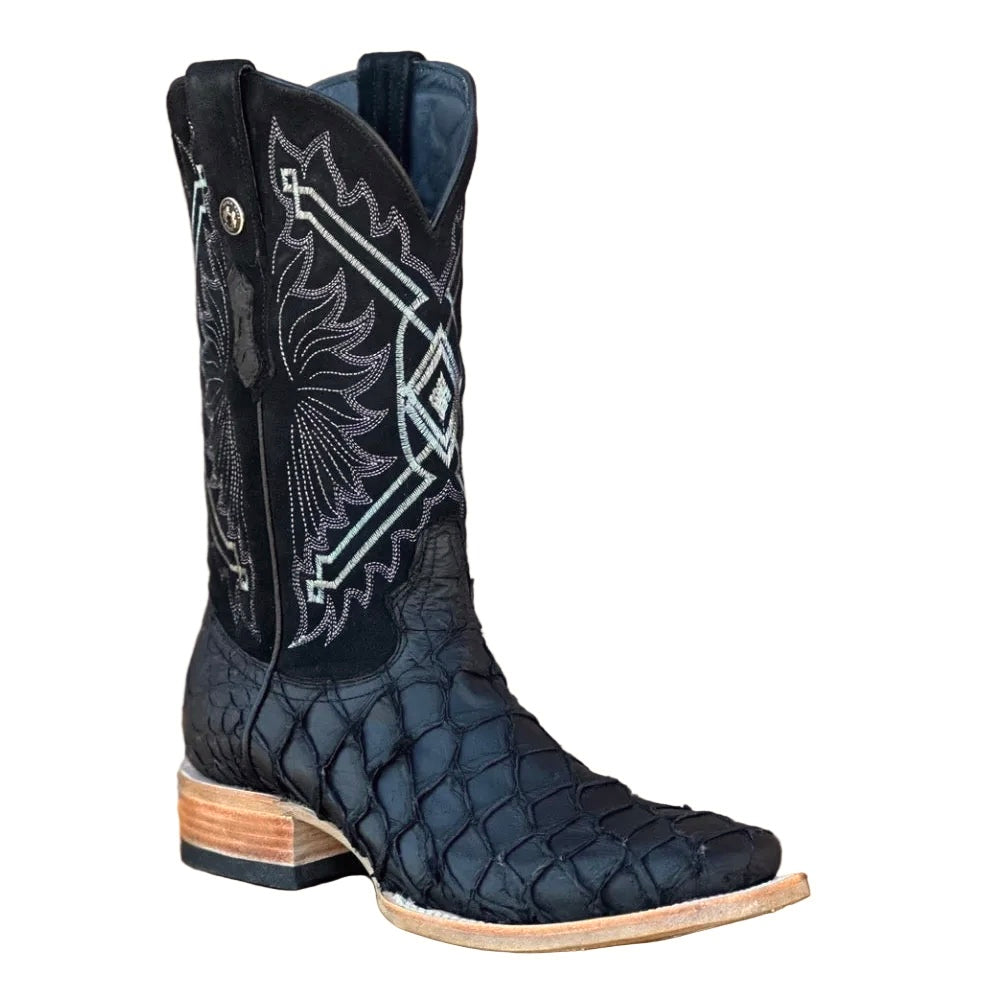 TANNER MARK MEN'S EXOTIC LEATHER MATTE MONSTER FISH BLACK BOOTS