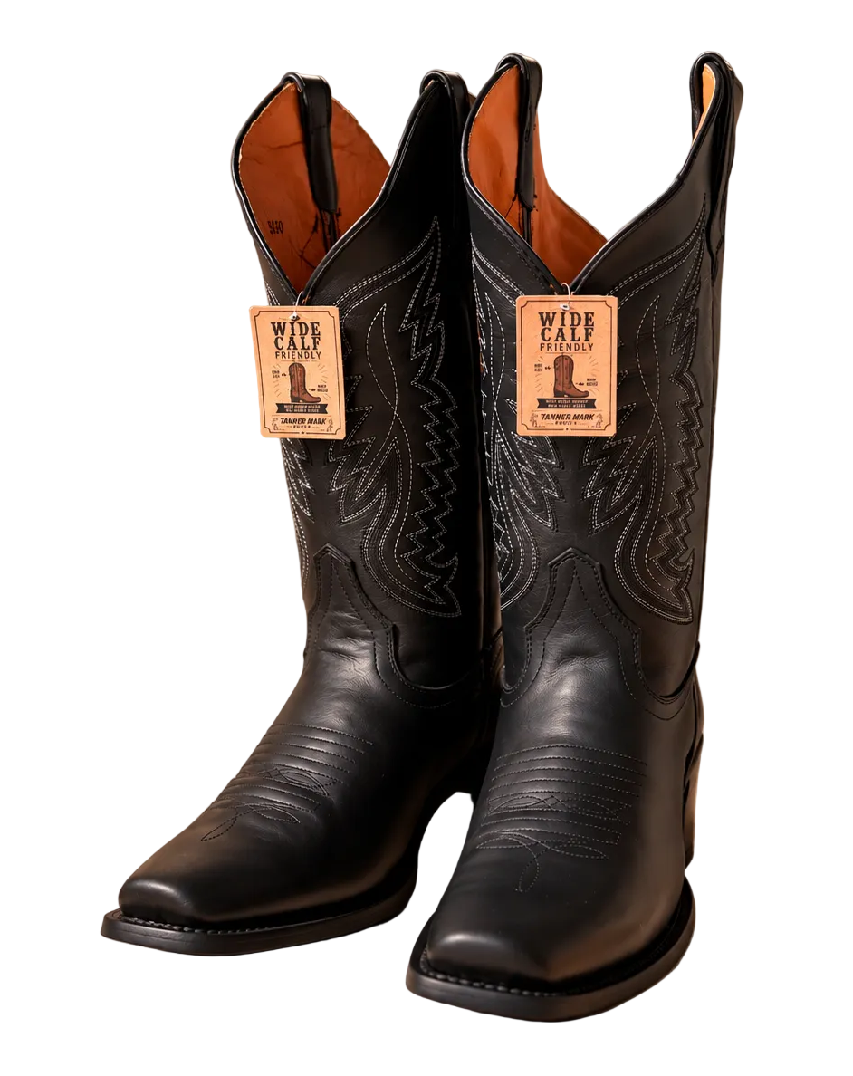 TANNER MARK WOMEN'S WIDE CALF TEXAS GOLD LEATHER SQUARE TOE BOOTS BLACK