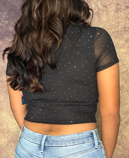 Black Rhinestone Short Sleeve Top