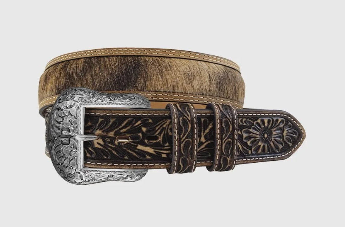 Men’s Stetson Hair-On-Hide Tooled Tab Belt