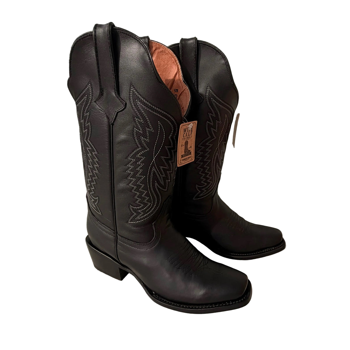 TANNER MARK WOMEN'S WIDE CALF TEXAS GOLD LEATHER SQUARE TOE BOOTS BLACK