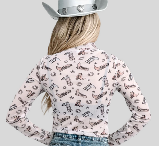 Western Cowboy Mesh Top-White