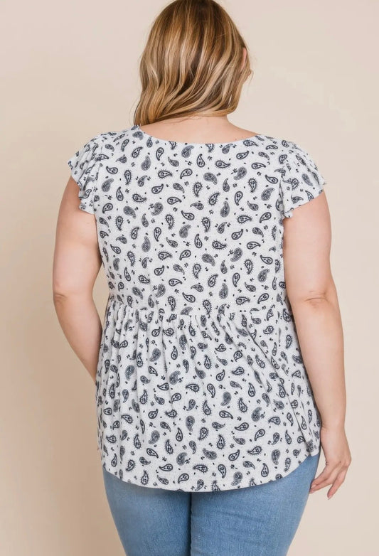 Curvy Paisley Flutter Sleeves Top-Ivory