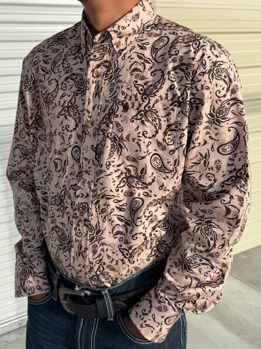 Men’s Paisley Button Down Long Sleeve Shirt-Brown