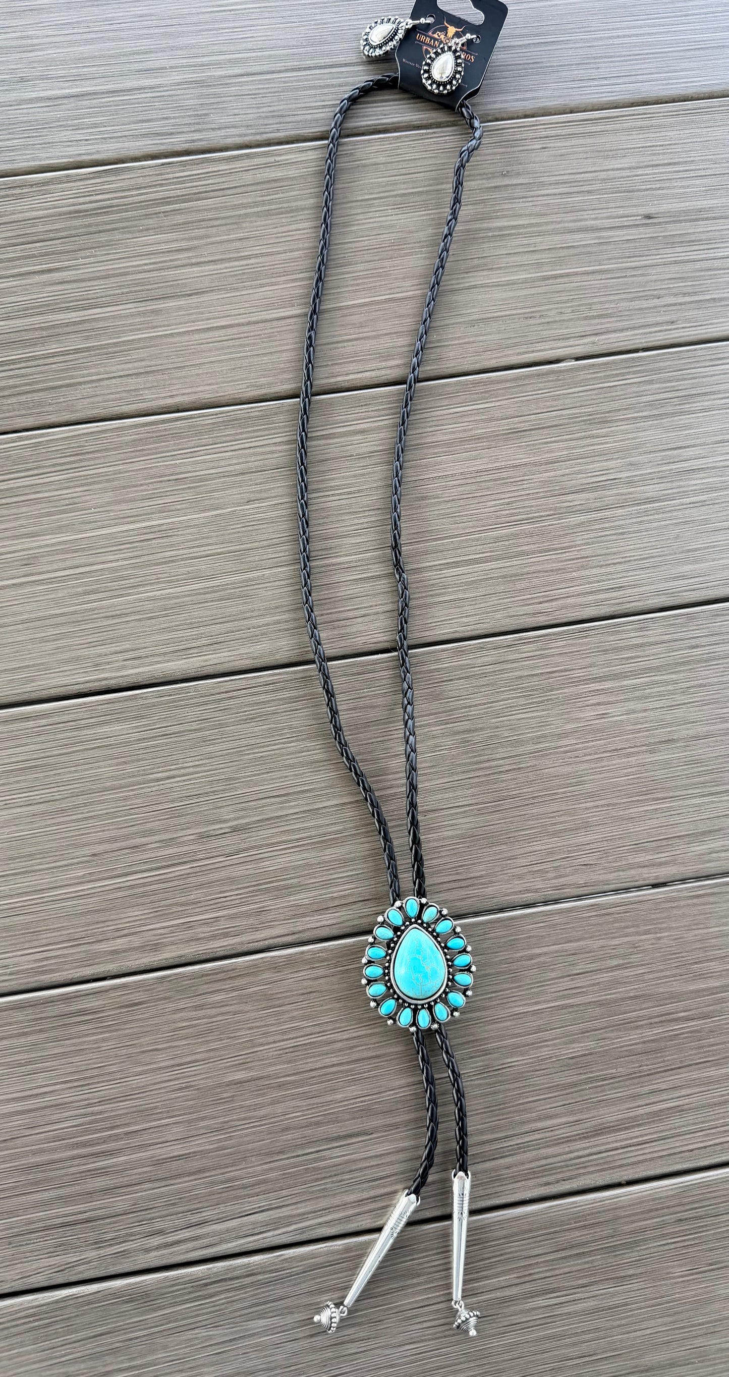 Western Bolo Tie Turquoise Concho Pendant w/ Leather Cord
Necklace and Earrings Set