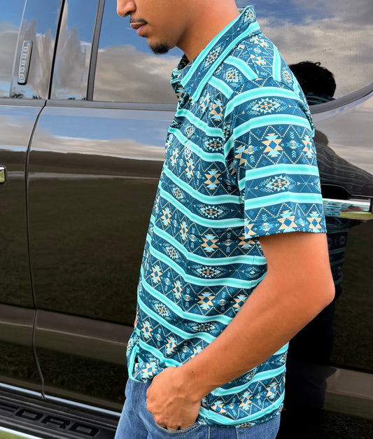 Men's Cuero Line Aztec Aqua Blue Polo