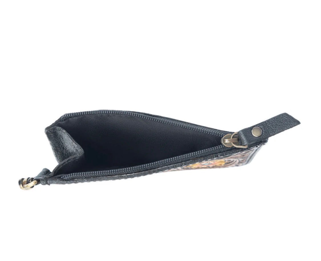 Wildflower Mesa Handtooled Hairon Leather Card Holder In Prairie Amber