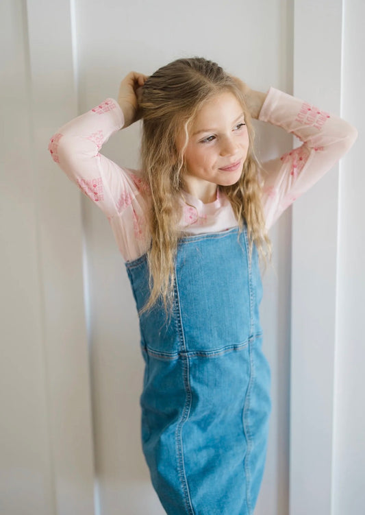 Girl’s Pink Howdy Sheer Mock Neck Top