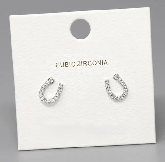 Horseshoe Stud Earrings with Cubic Zirconia-White Gold