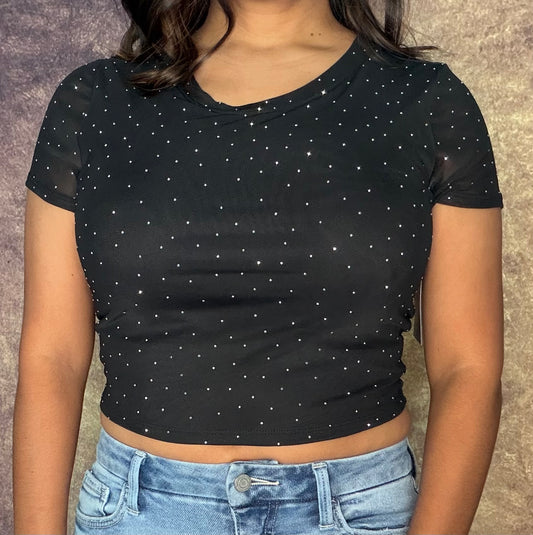 Black Rhinestone Short Sleeve Top