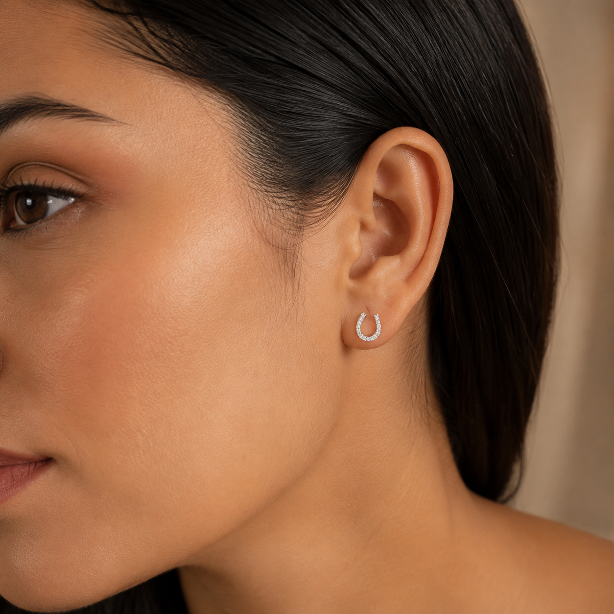 Horseshoe Stud Earrings with Cubic Zirconia-White Gold