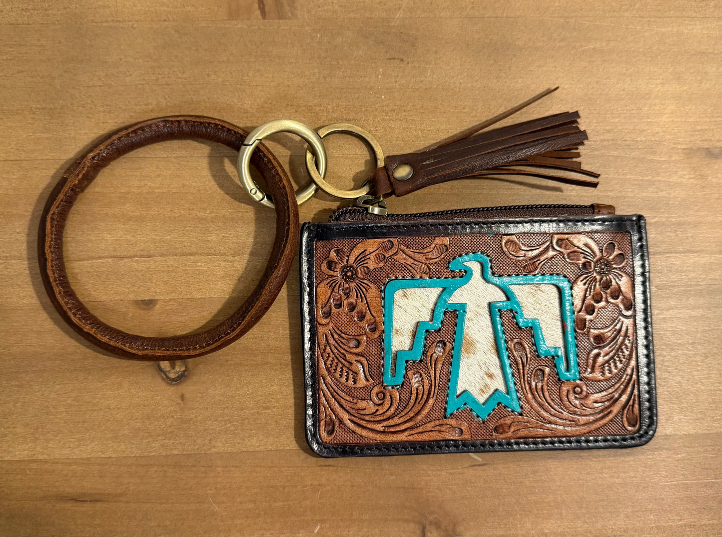 Turquoise Thunderbird Tooled & Cowhide Wristlet