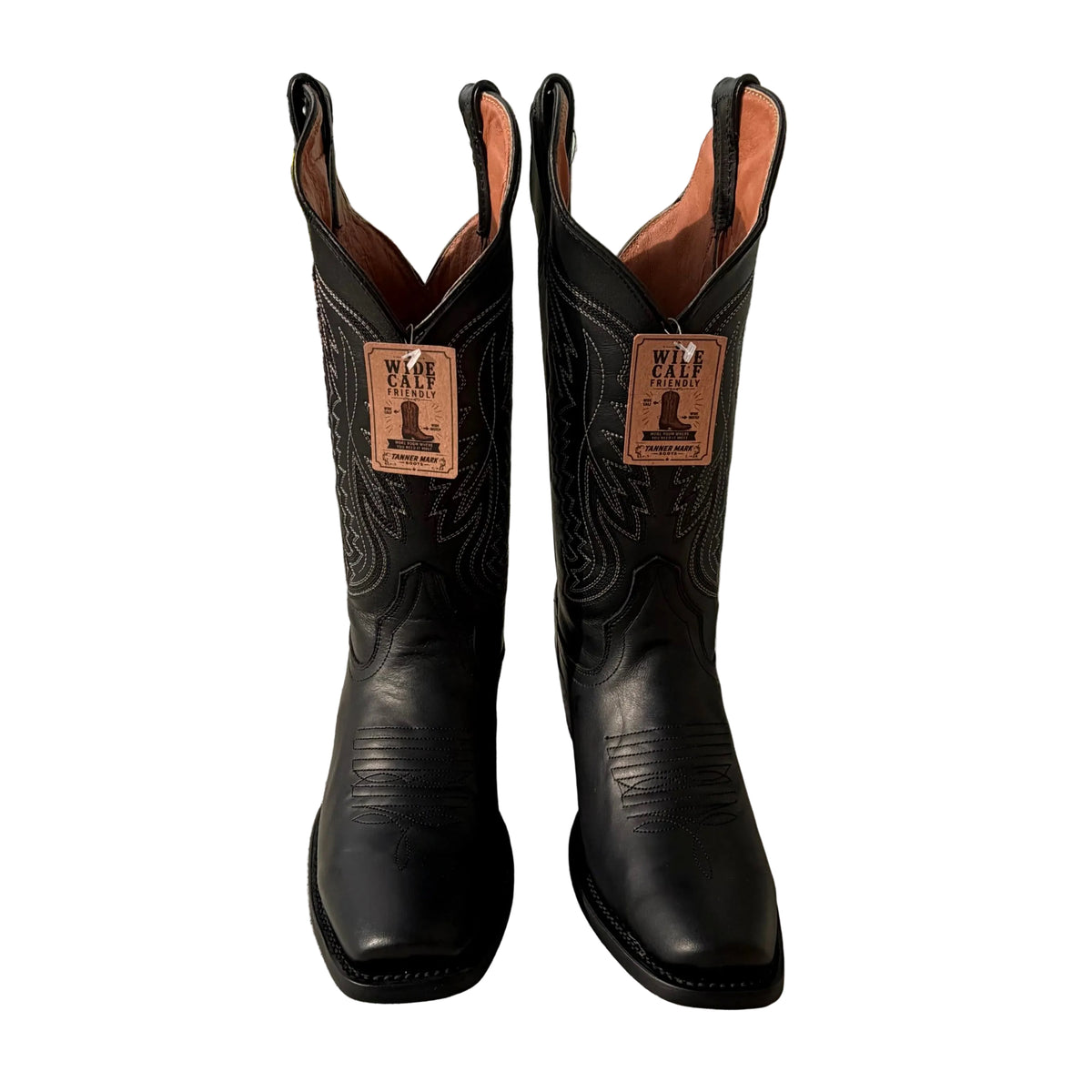 TANNER MARK WOMEN'S WIDE CALF TEXAS GOLD LEATHER SQUARE TOE BOOTS BLACK