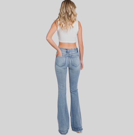 Women’s Mid Rise Stretch Flare Jean with Frayed Trouser Hem