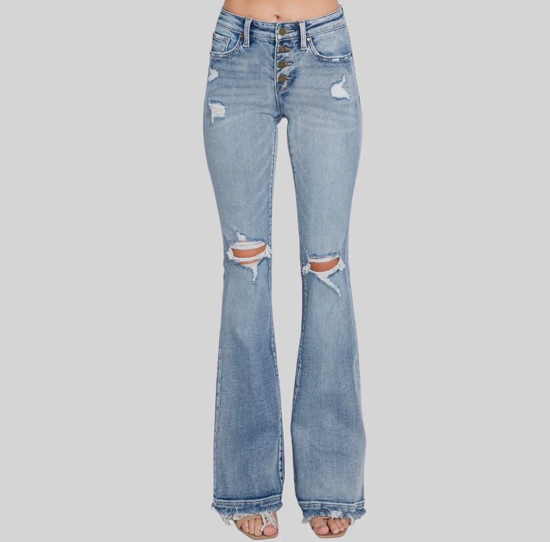 Women’s Mid Rise Stretch Flare Jean with Frayed Trouser Hem