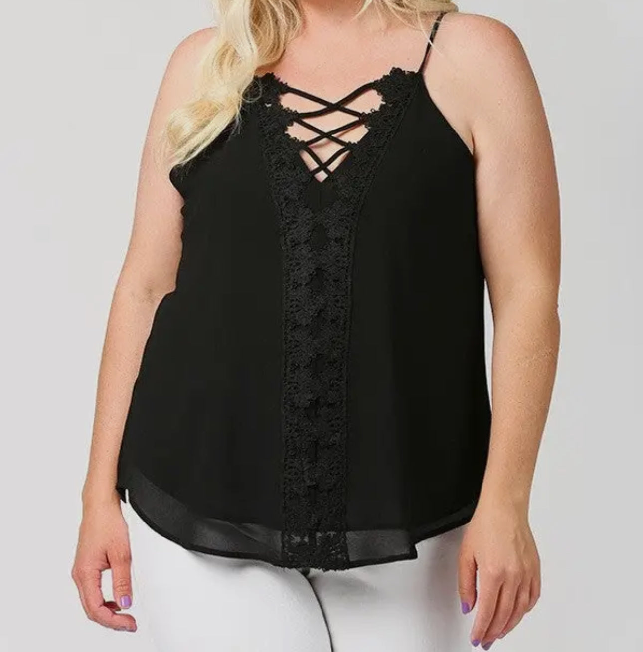 Curvy V-Neckline Lattice Top with Scalloped Lace-Black