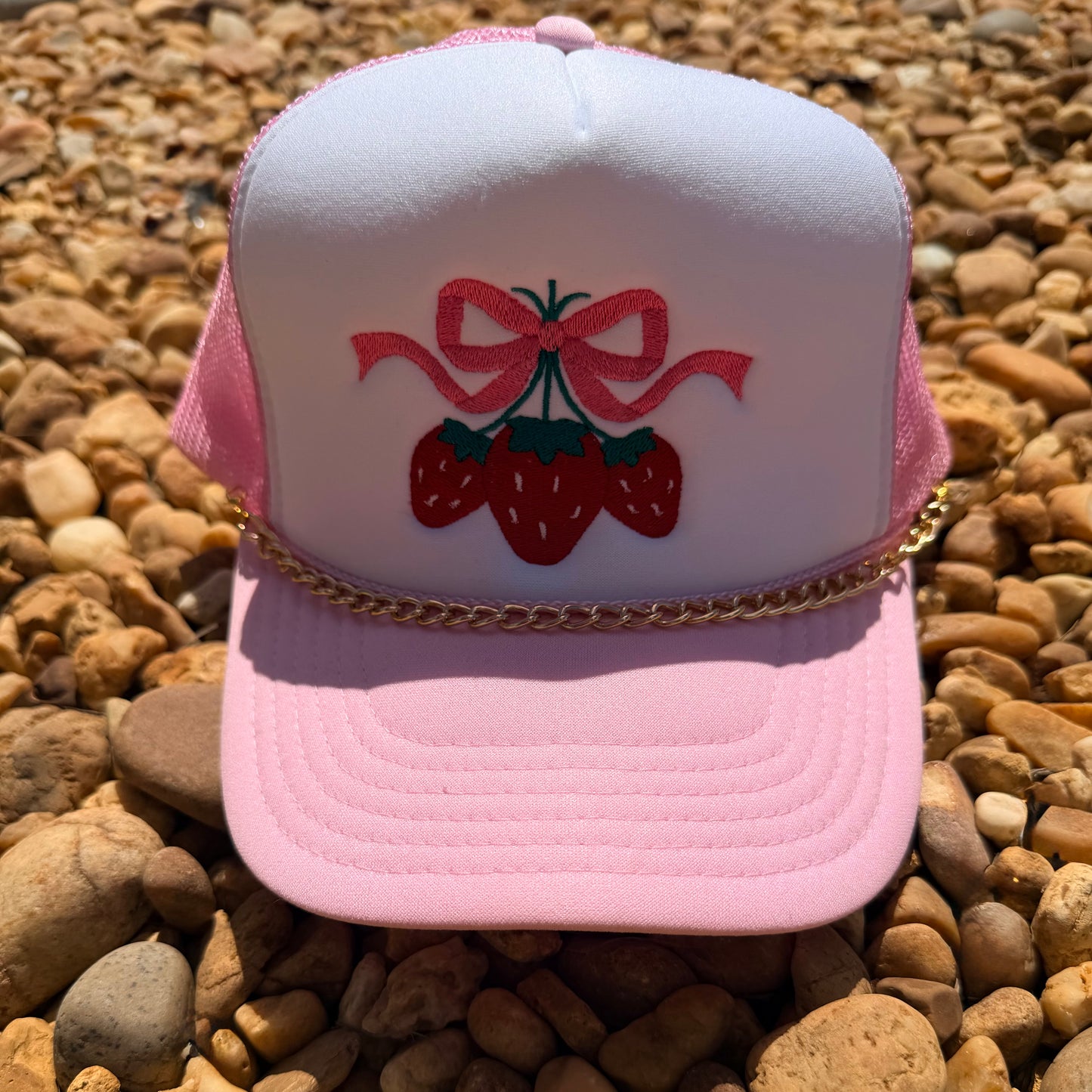 Strawberries & Bow
Embroiled Trucker
Hat and Chain