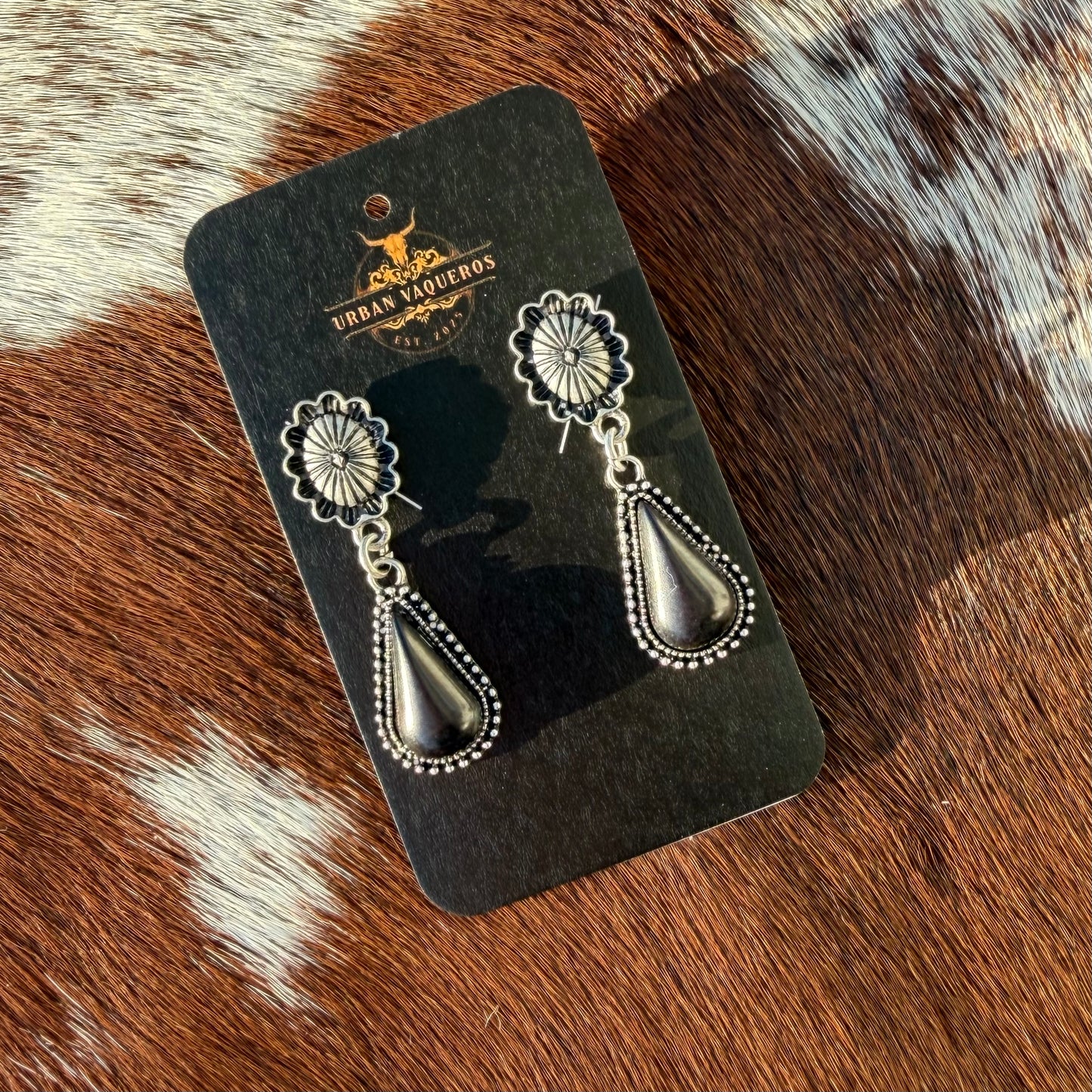 Oval Concho Black Dangle Earrings