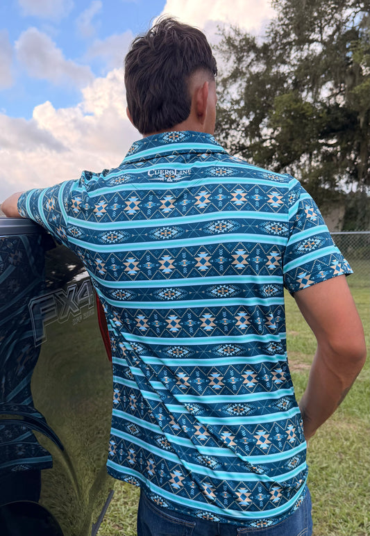 Men's Cuero Line Aztec Aqua Blue Polo