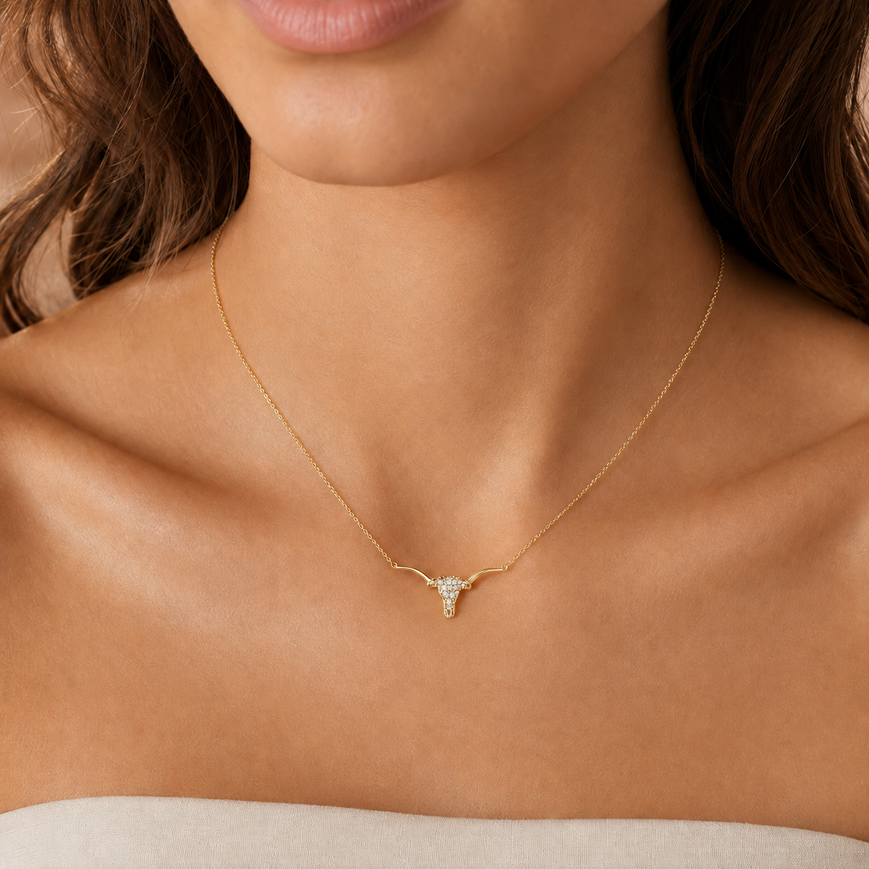 Western Longhorn Skull Necklace-Gold with Cubic Zirconia