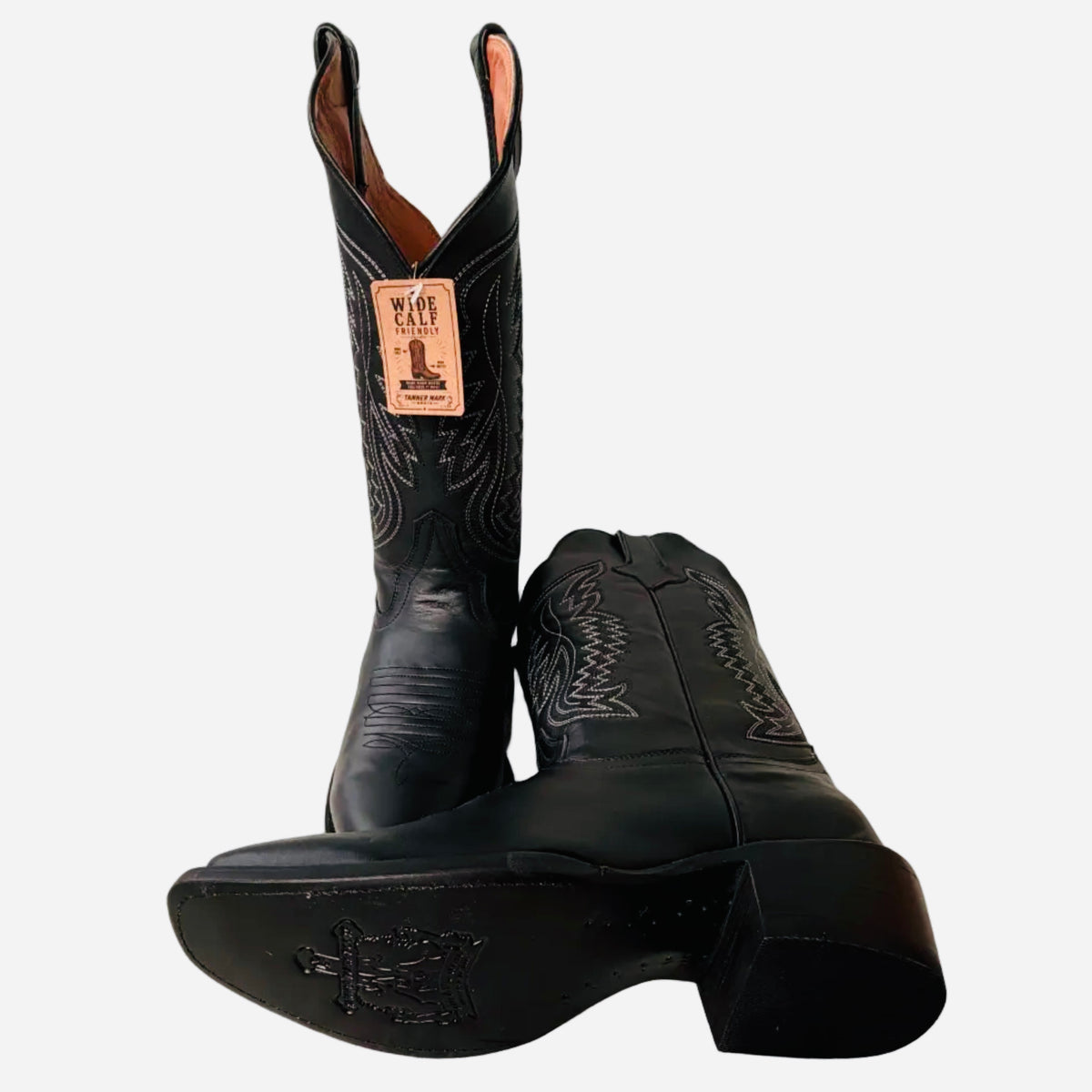 TANNER MARK WOMEN'S WIDE CALF TEXAS GOLD LEATHER SQUARE TOE BOOTS BLACK