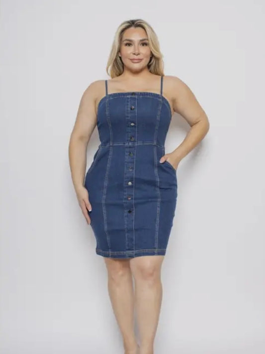 Curvy/Plus Size Denim Square Neck Button-Down Mini Dress with Side Pockets