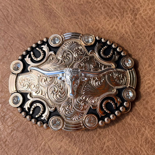 Western Longhorn Horseshoe Belt Buckle