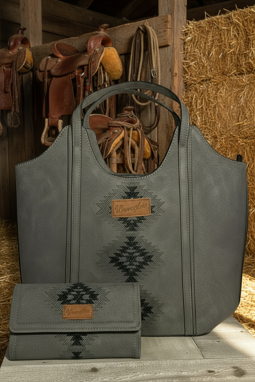 Wrangler Aztec Embroidered Tote Bag and Wallet-Black