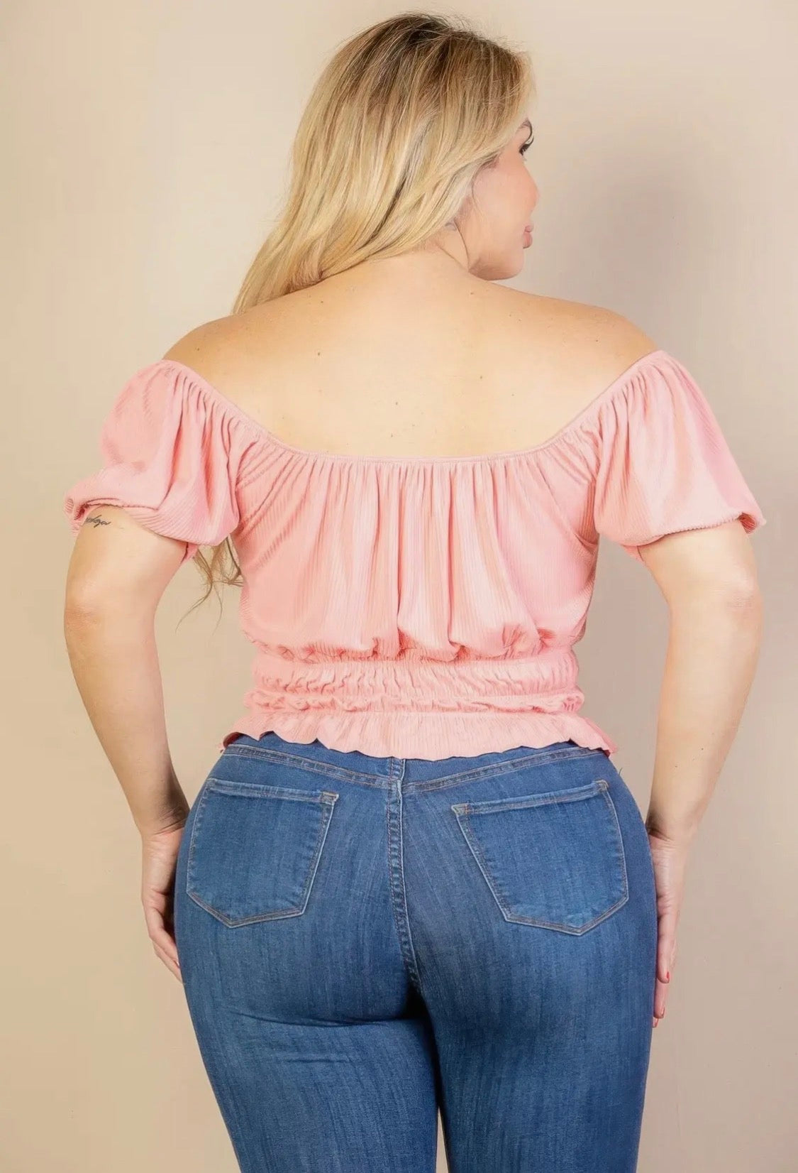 Curvy Casual Ruched Puff Sleeve Ribbed Knit Solid Top-Blush