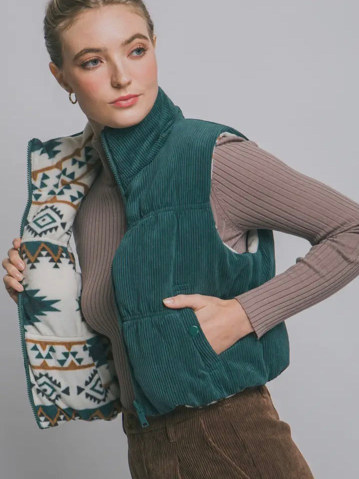 Reversible Aztec Corduroy 
Western Puffer Vest