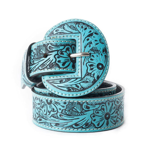 Women’s Hand Tooled Leather Belt-Turquoise
